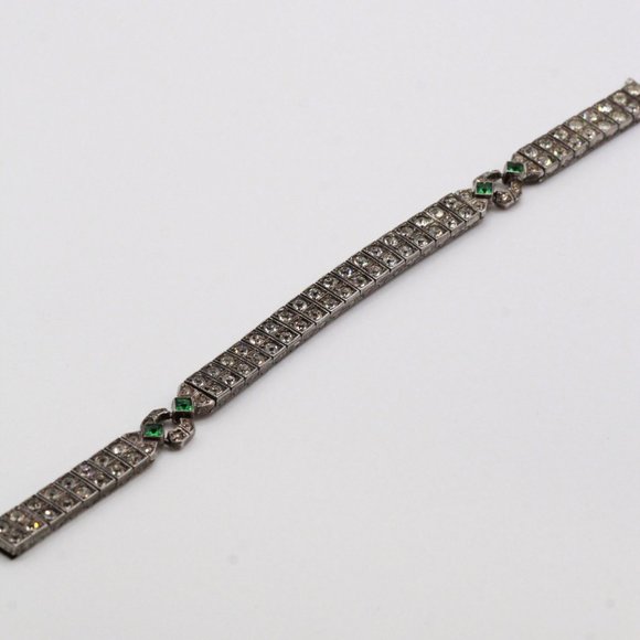 ART DECO STERLING SILVER EMERALD RHINESTONES CHANEL BRACELET - Picture 1 of 7